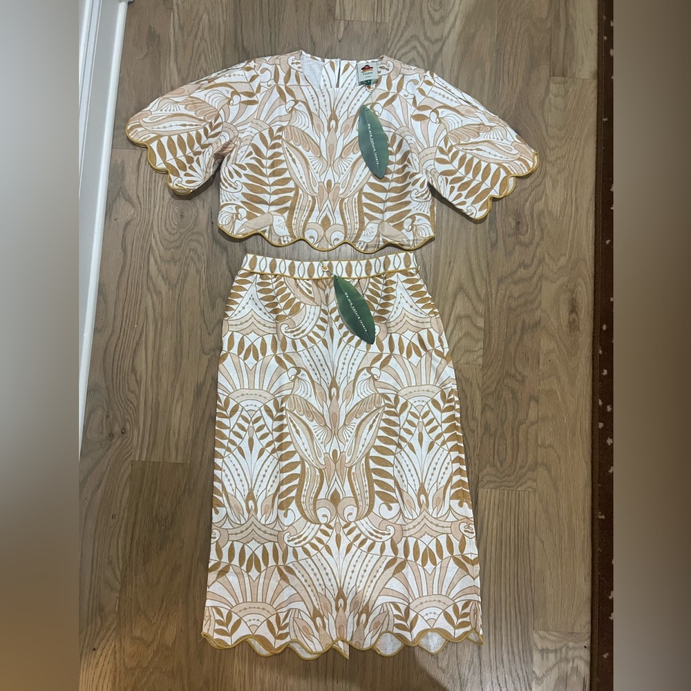 FARM Rio Beige and White Midi Dress NWT